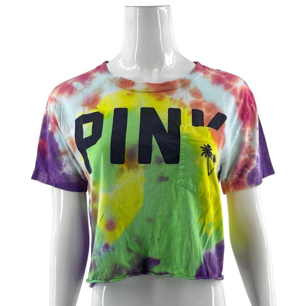 Victorias Secret PINK Womens Cropped T Shirt Top Size Medium Tie Dye Pocket Tee
